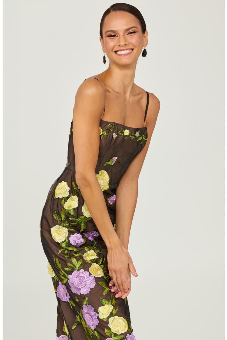 Gemma Floral Embroidered Midi Cocktail Dress, Alternate, color, BLACK/ PALE YELLOW