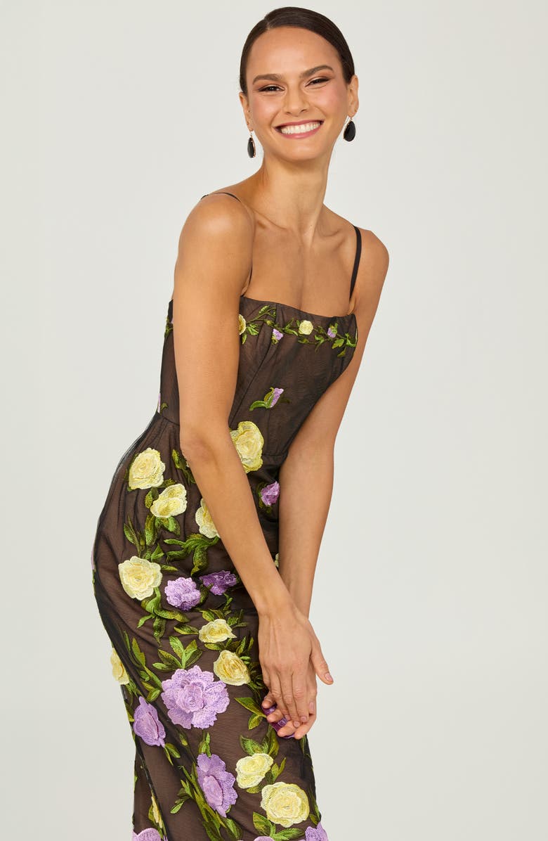 HELSI Gemma Floral Embroidered Midi Cocktail Dress, Alternate, color, Black/ Pale Yellow