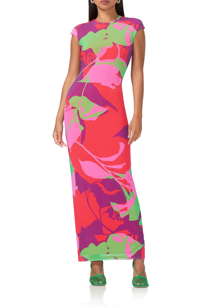 Cody Printed Cap Sleeve Mesh Maxi Dress, Main, color, GRAPHIC FLORAL