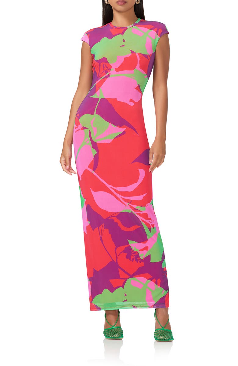 AFRM Cody Printed Cap Sleeve Mesh Maxi Dress, Main, color, Graphic Floral