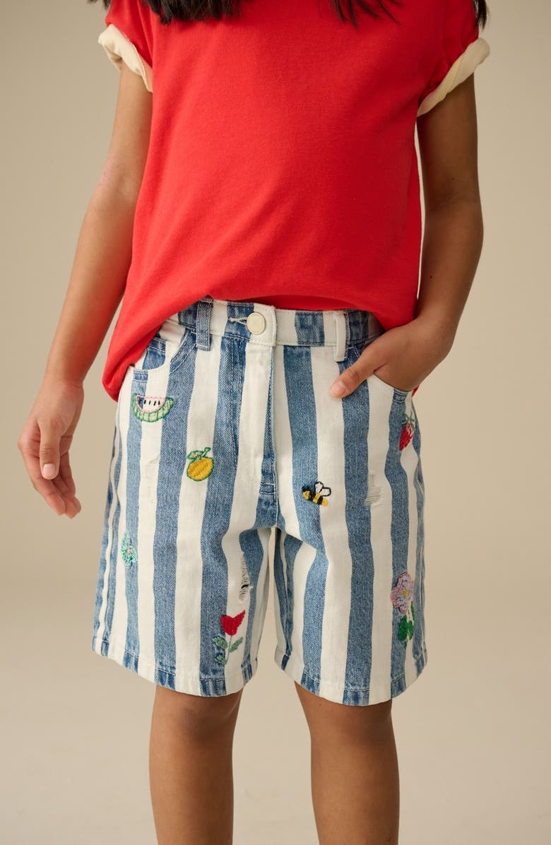 NEXT Kids' Stripe Distressed Embroidered Denim Shorts, Alternate, color, Blue