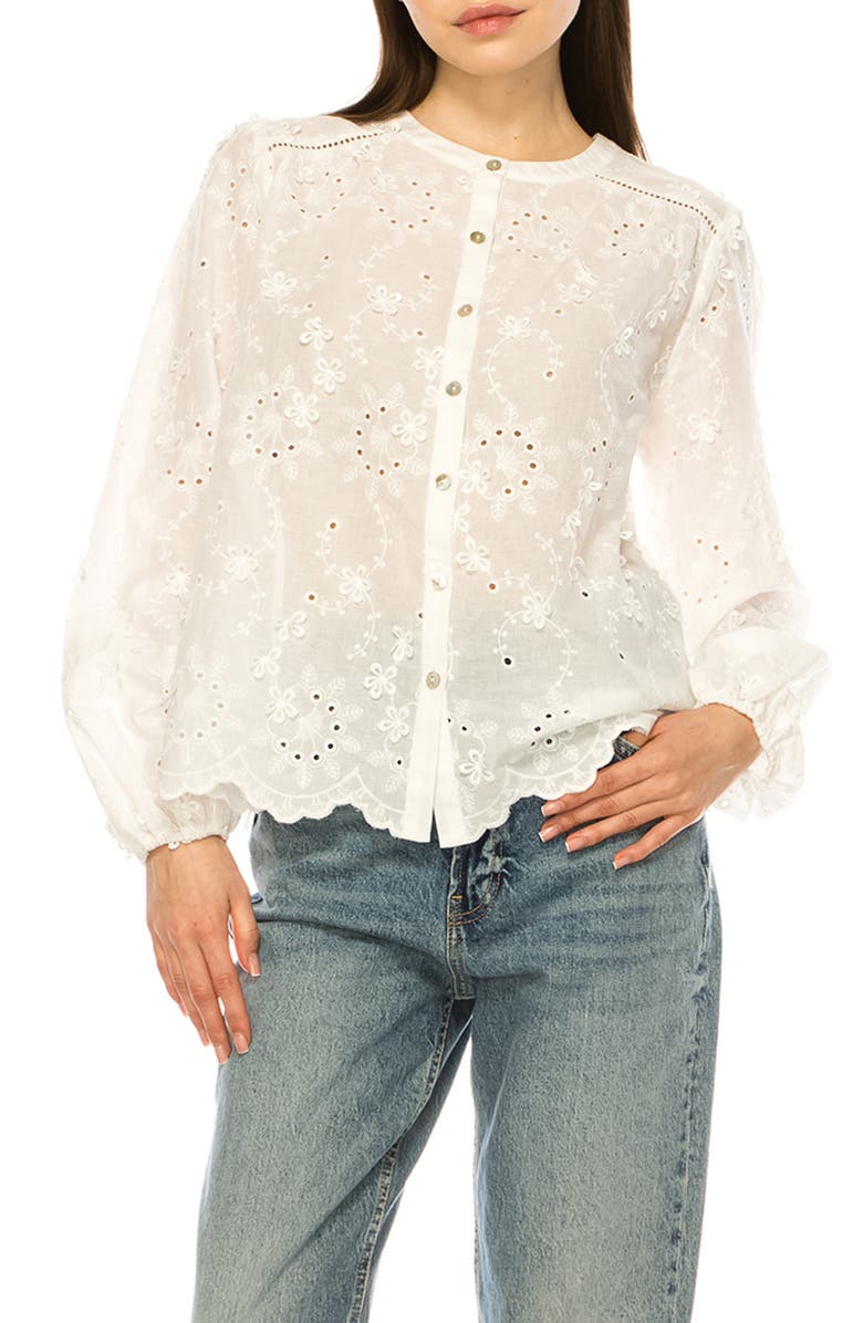 A COLLECTIVE STORY Floral Eyelet Button-Up Top, Main, color, Bright White