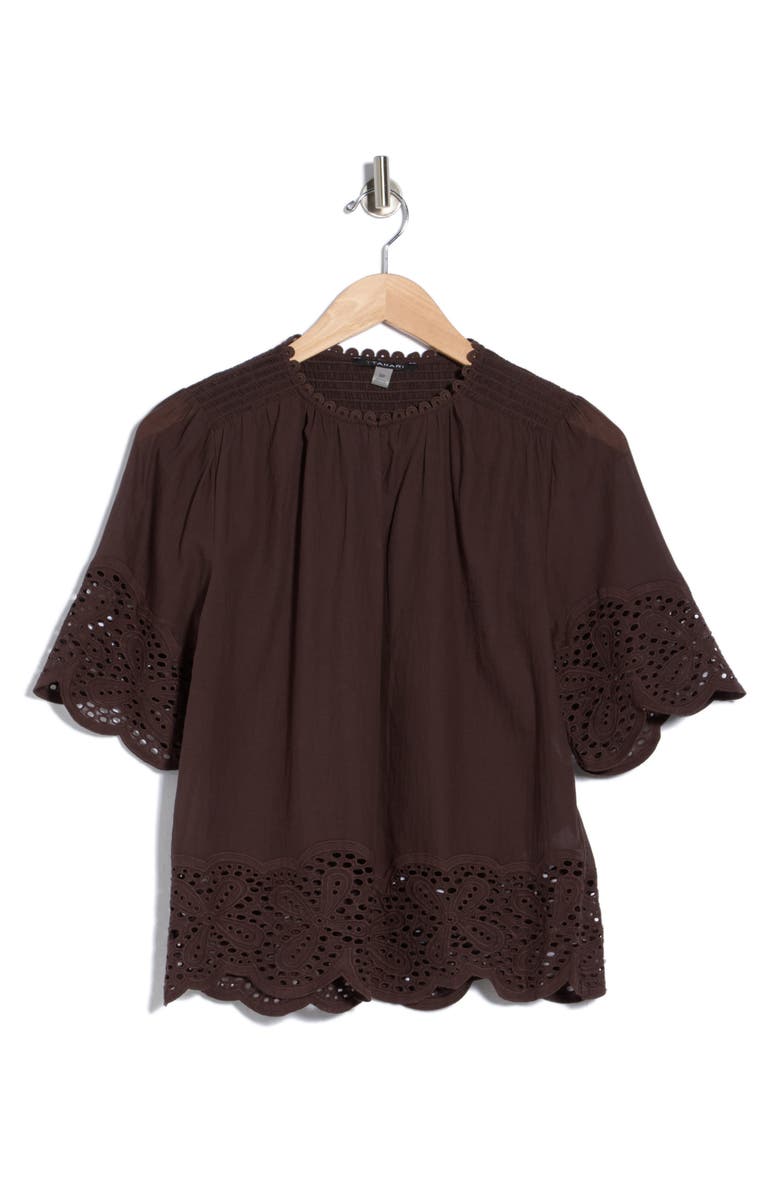 T Tahari Embroidered Cotton Top, Main, color, Cocoa Bean