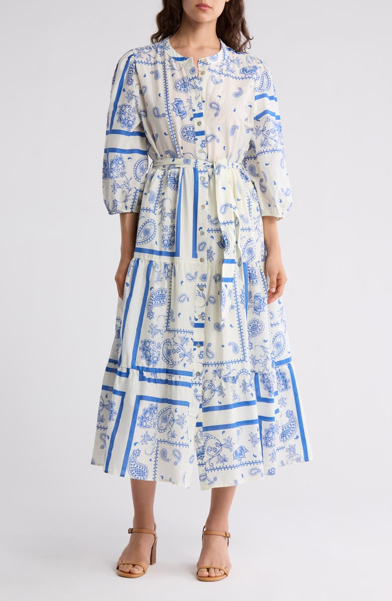 Ellen Tracy Bandana Print Belted Tiered Cotton Shirtdress, Main, color, 