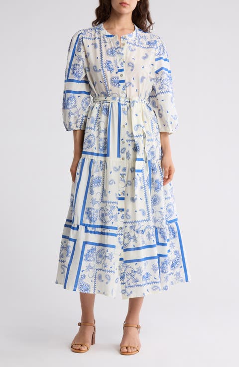 Bandana Print Belted Tiered Cotton Shirtdress