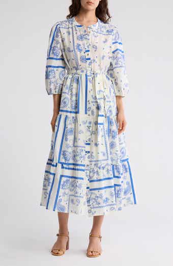 Ellen Tracy Bandana Print Belted Tiered Cotton Shirtdress