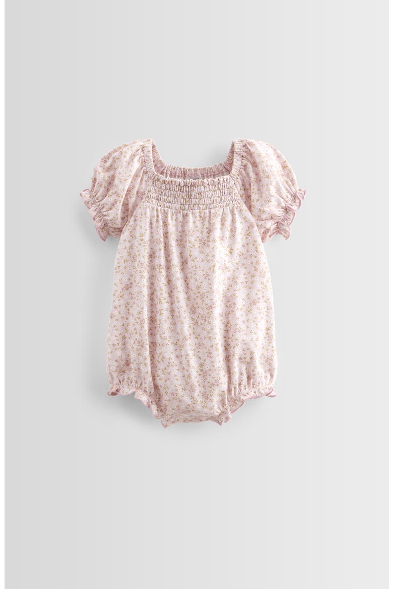 Print Smocked Bubble Romper, Main, color, PURPLE LIGHT WINDSWEPT FLORAL