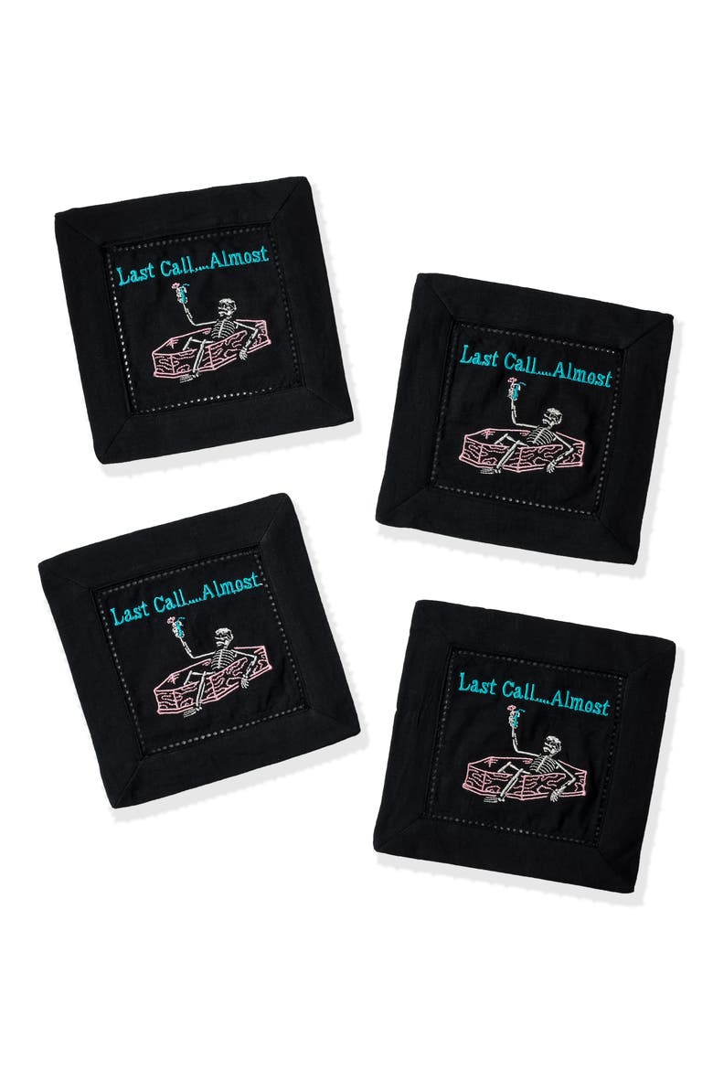 Last Call...Almost Embroidered Linen Cocktail Napkins, Main, color, BLACK/ PINK
