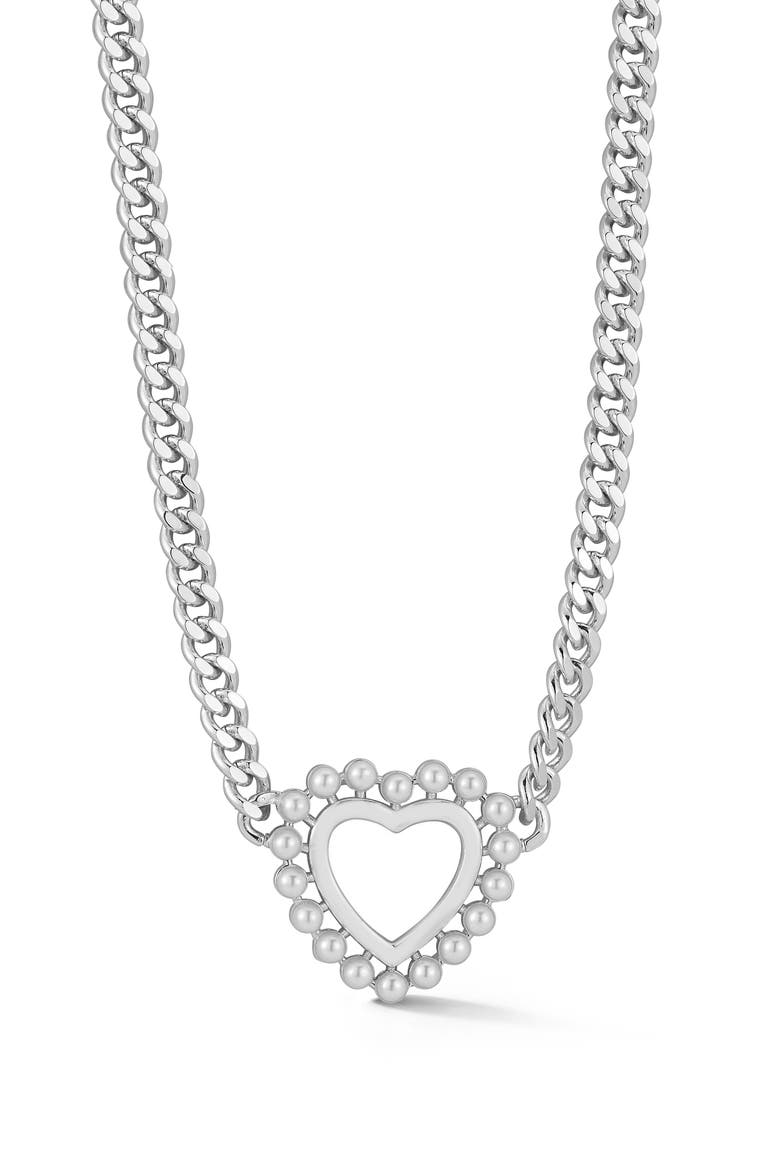 2.5mm Cultured Pearl Open Heart Pendant Necklace, Main, color, SILVER