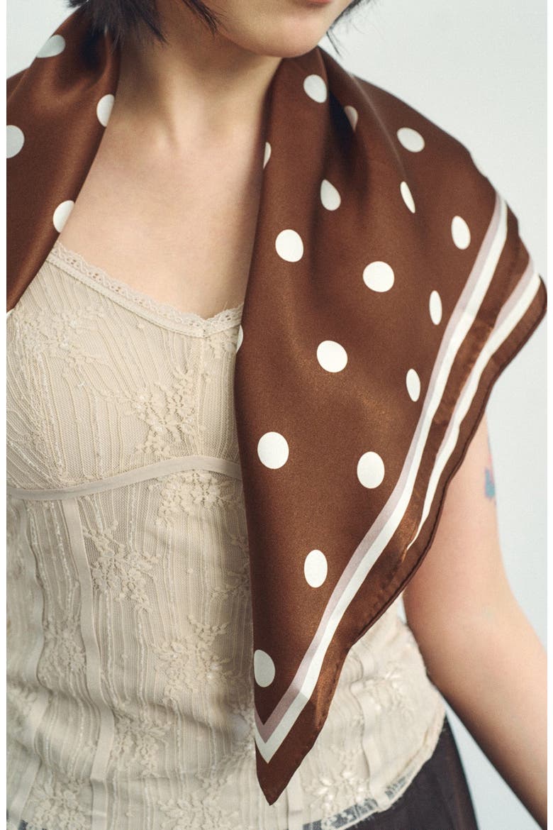 Retro Polka Dot Silk Square Bandana, Alternate, color, COFFEE