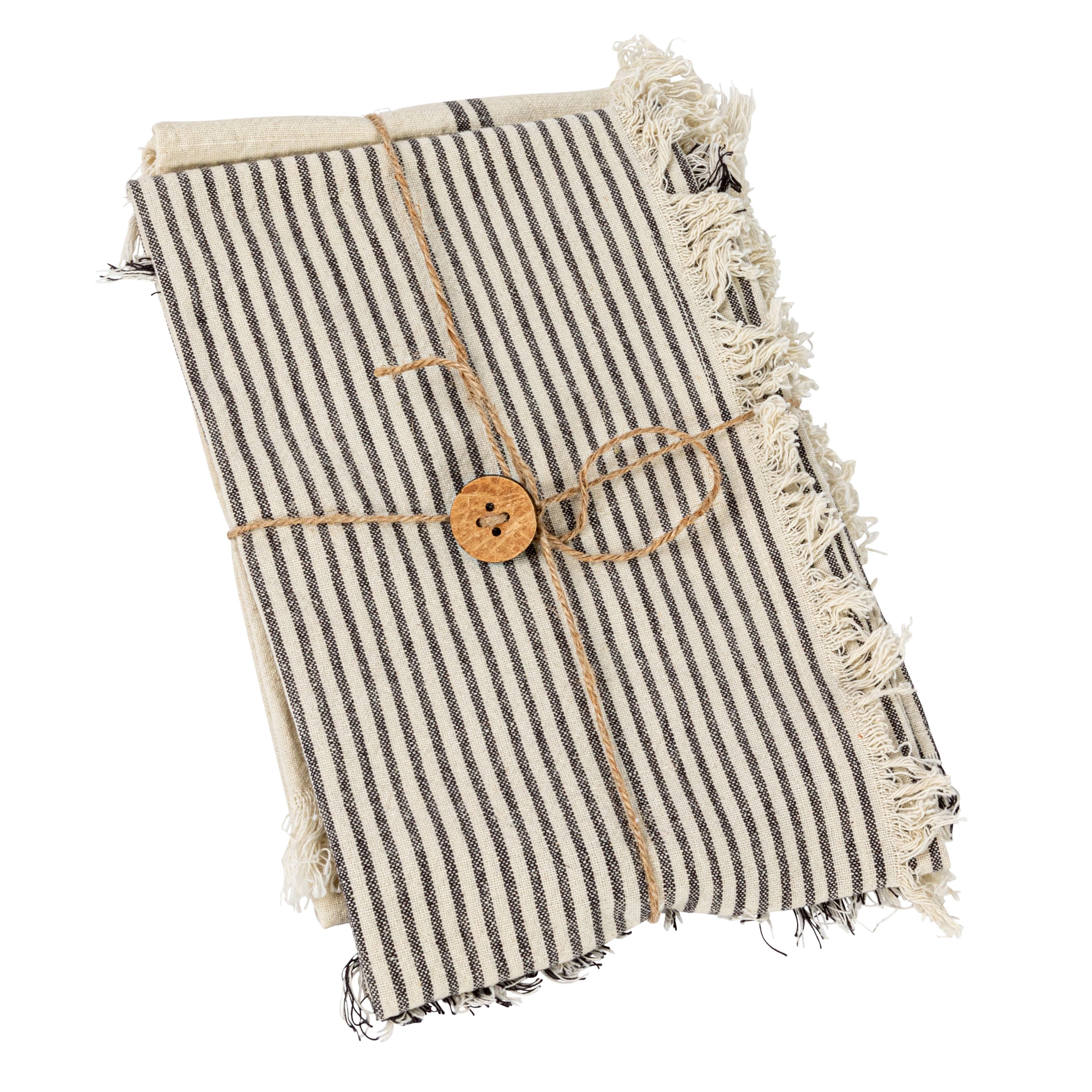 Storied Home Large Woven Cotton Tea Towel With Stripes And Fringe Design For Kitchen, Natural And Bl In Black
