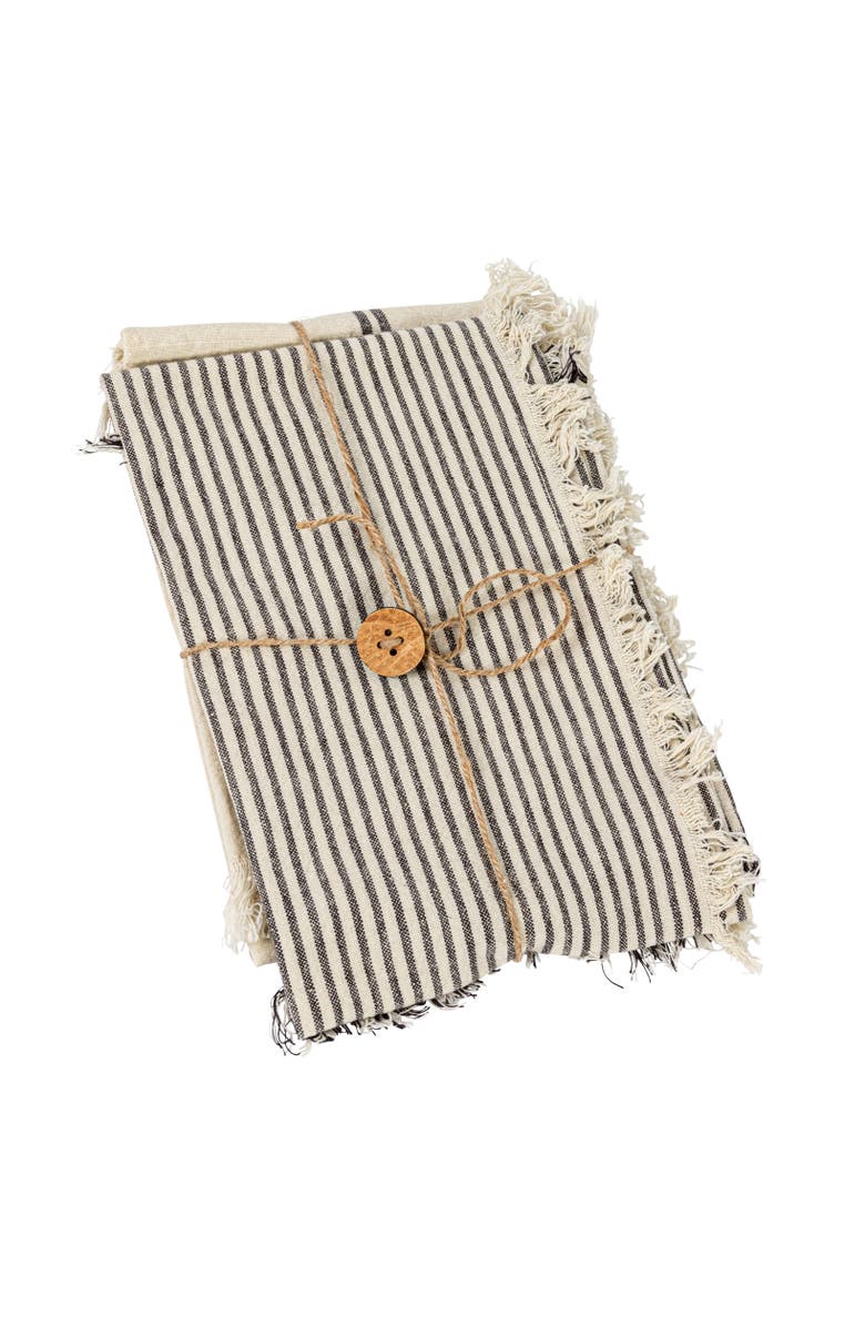 Storied Home Large Woven Cotton Tea Towel with Stripes and Fringe Design for Kitchen, Natural and Black, Set of 2, Main, color, 