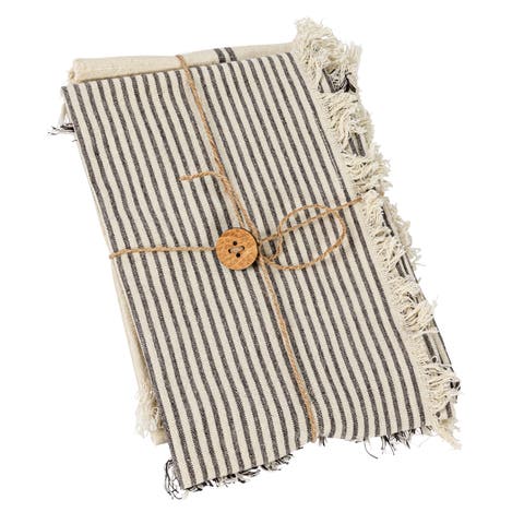 Large Woven Cotton Tea Towel with Stripes and Fringe Design for Kitchen, Natural and Black, Set of 2