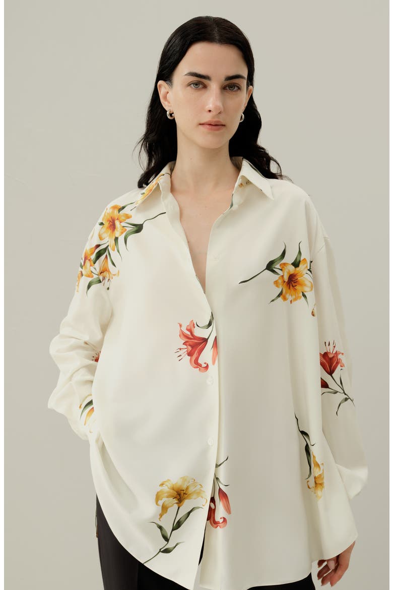 Women's Lily Print Silk Oversize Shirt, Alternate, color, Lily White