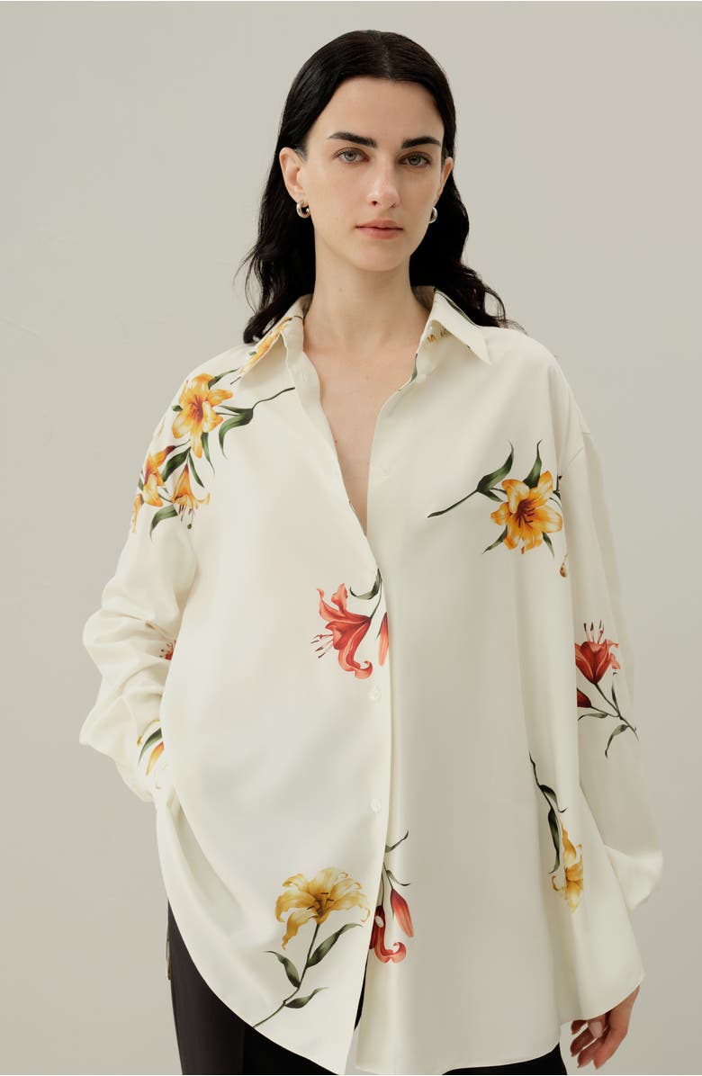 Lilysilk Lily Print Silk Oversize Shirt, Alternate, color, Lily White