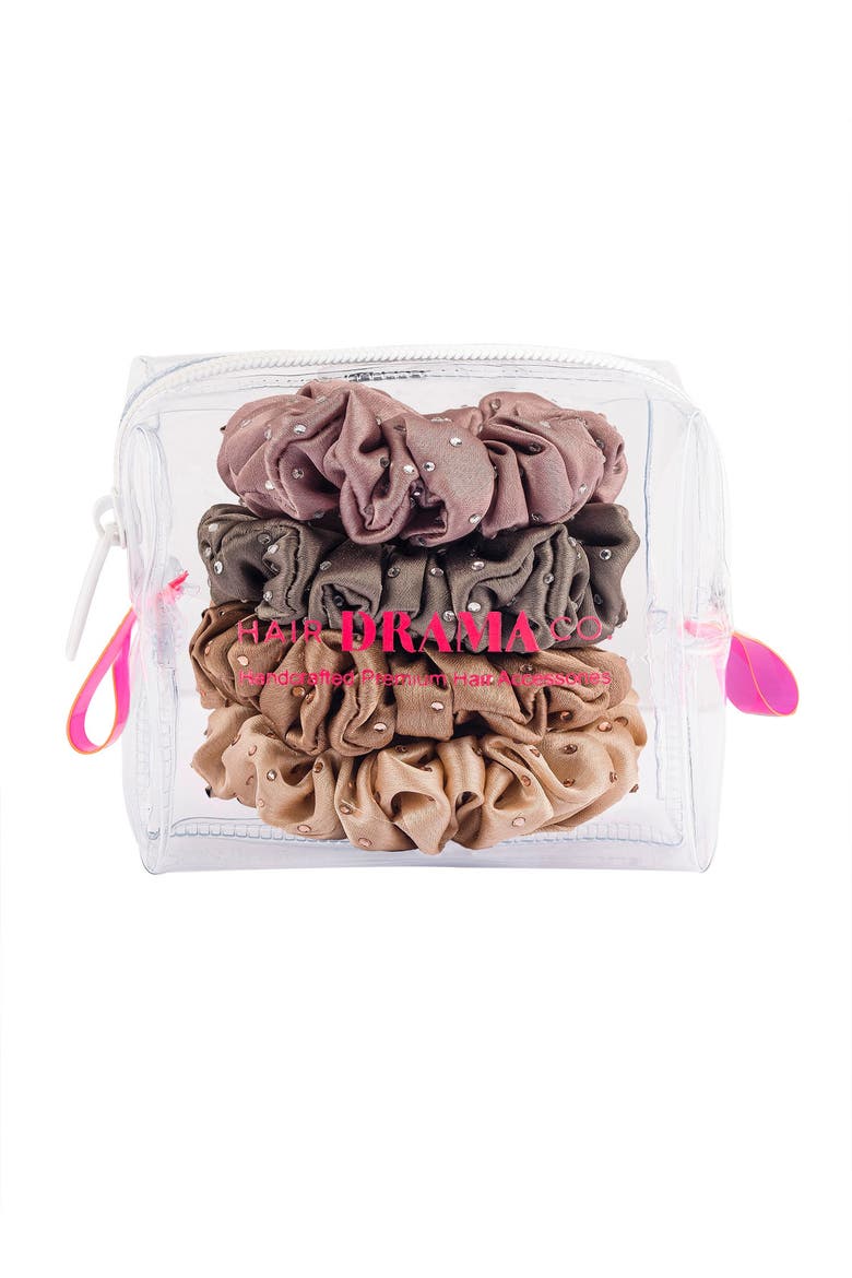 Luxury silk Scrunchies Set of 4 with Free Pouch - Neutral Crystal Gift Set, Alternate, color, Beige