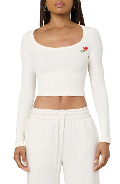 Rose Embroidered Long Sleeve Crop T-Shirt