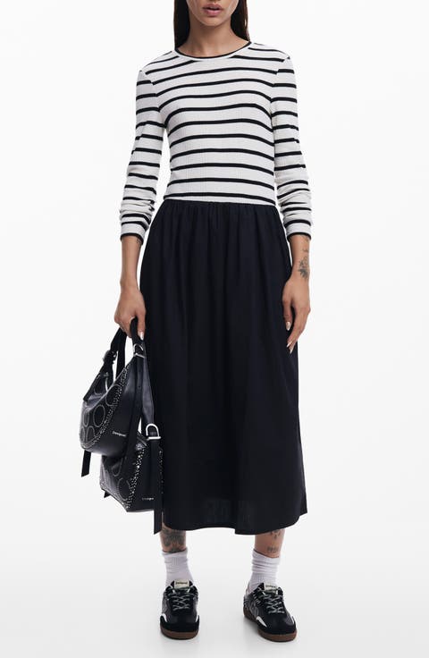 Mixed Media Long Sleeve Cotton Blend Dress