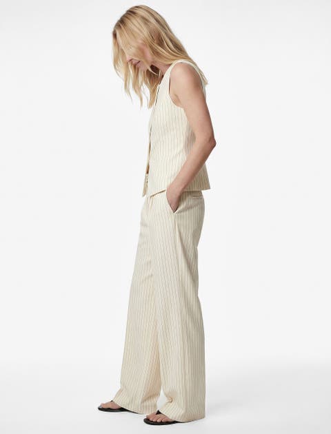 Pinstripe Wide Leg Trousers with Belt