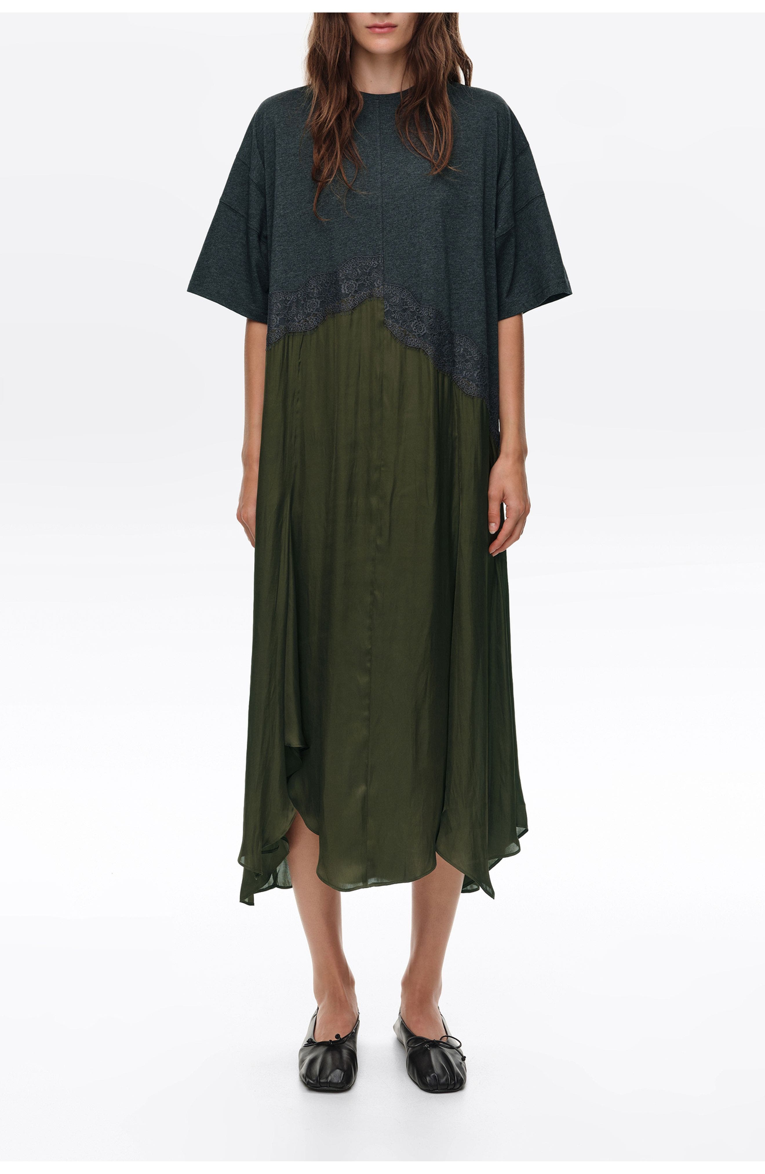 Bimba Y Lola Asymmetric Lace Overlay Midi Dress In Khaki