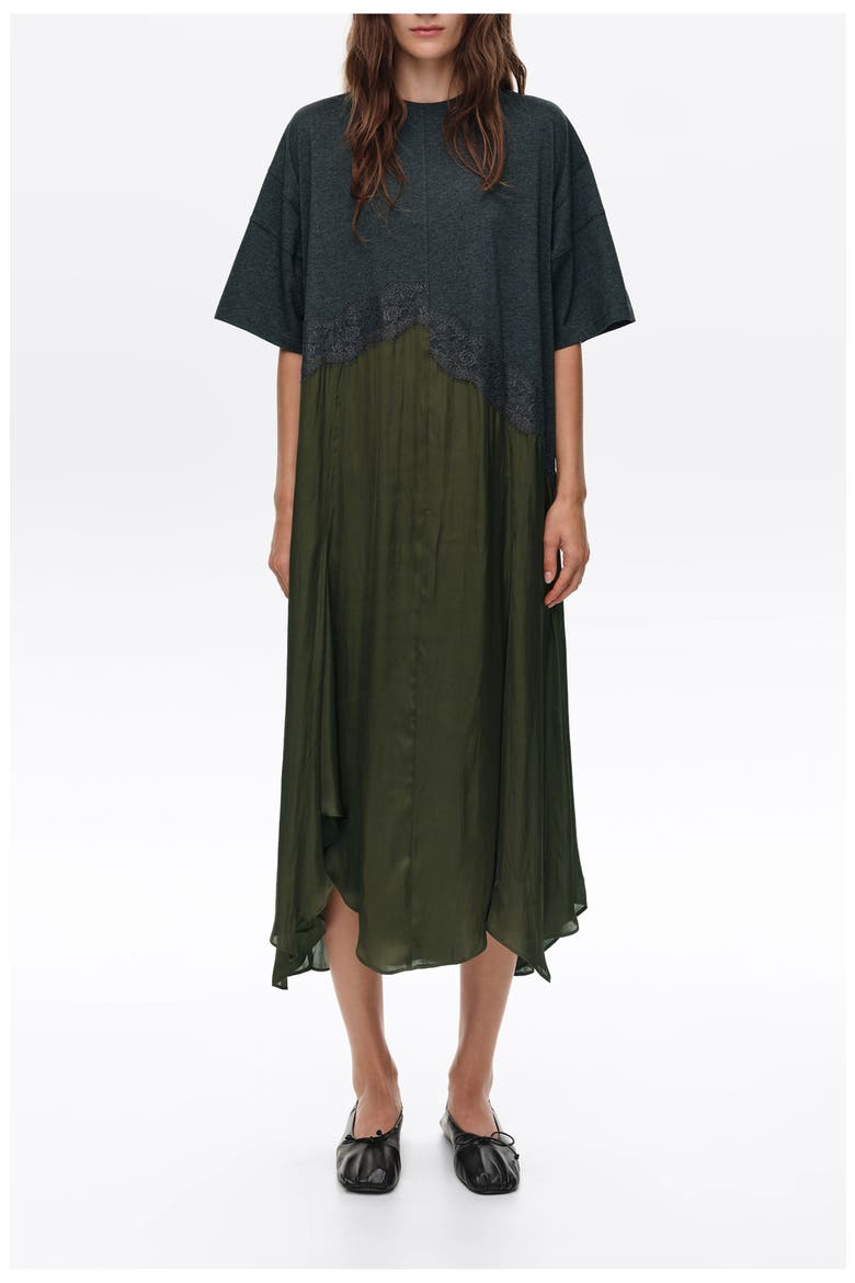 Asymmetric Lace Overlay Midi Dress, Main, color, KHAKI