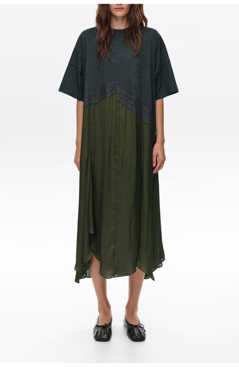 Asymmetric Lace Overlay Midi Dress