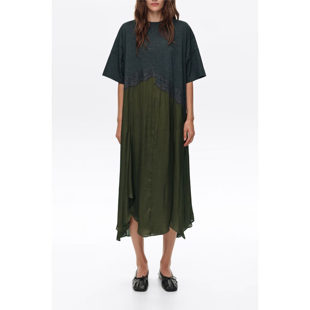 Bimba Y Lola Asymmetric Lace Overlay Midi Dress In Khaki