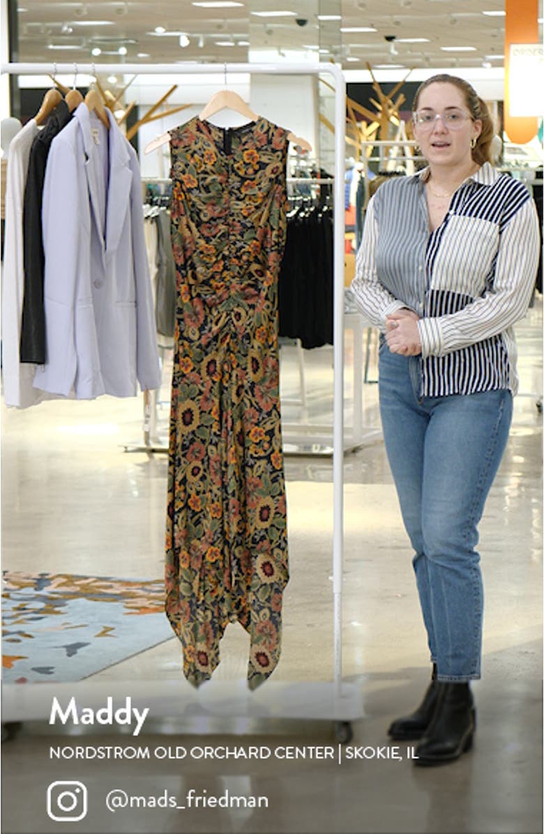 Floral Print Ruched Satin Midi Dress, sales video thumbnail