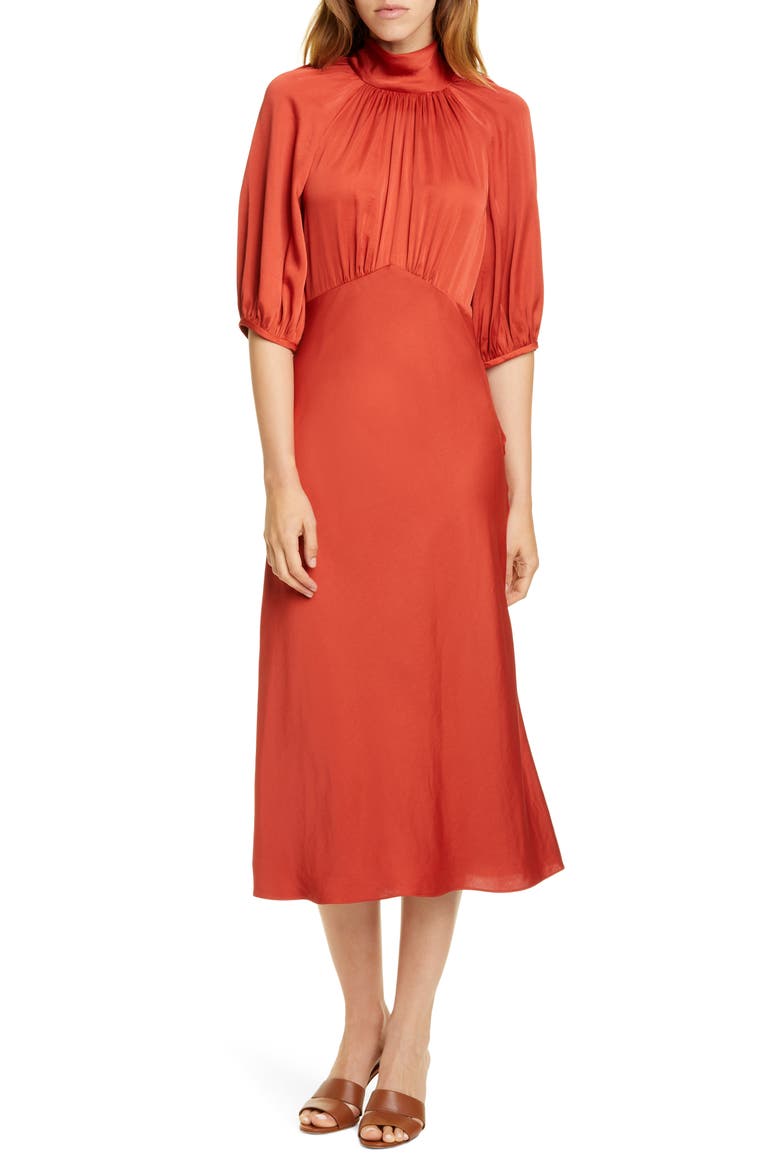 Tie Neck Satin Dress, Main, color, CARNELIAN