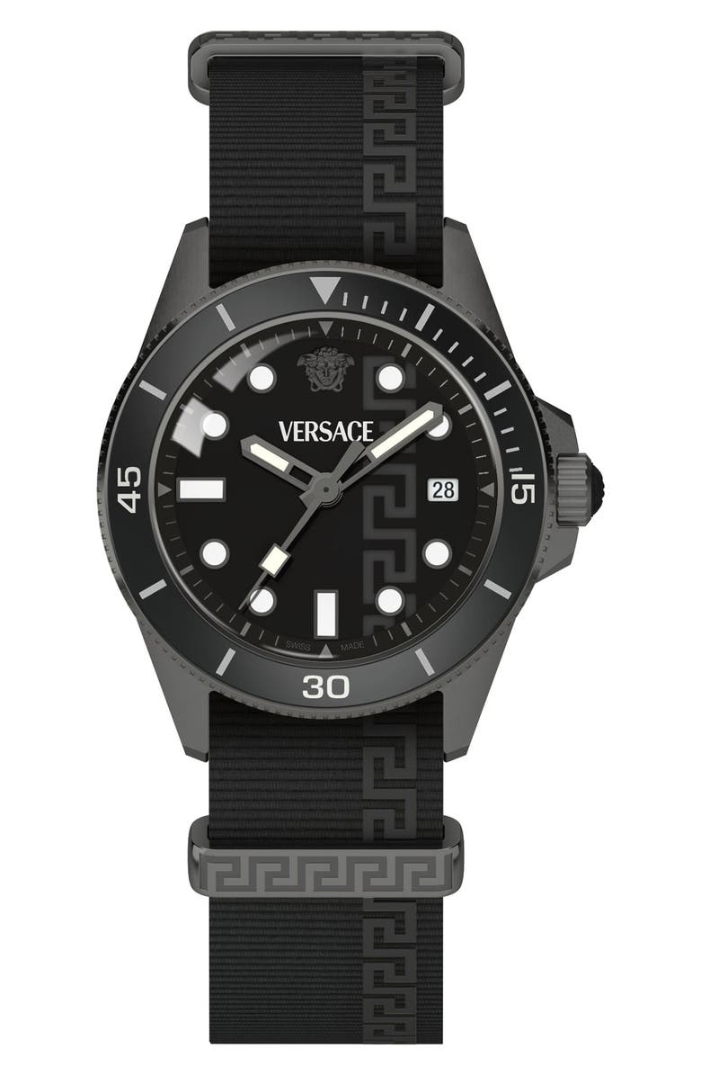 Versace Greca Force Fabric Strap Watch, 42mm, Alternate, color, Gunmetal