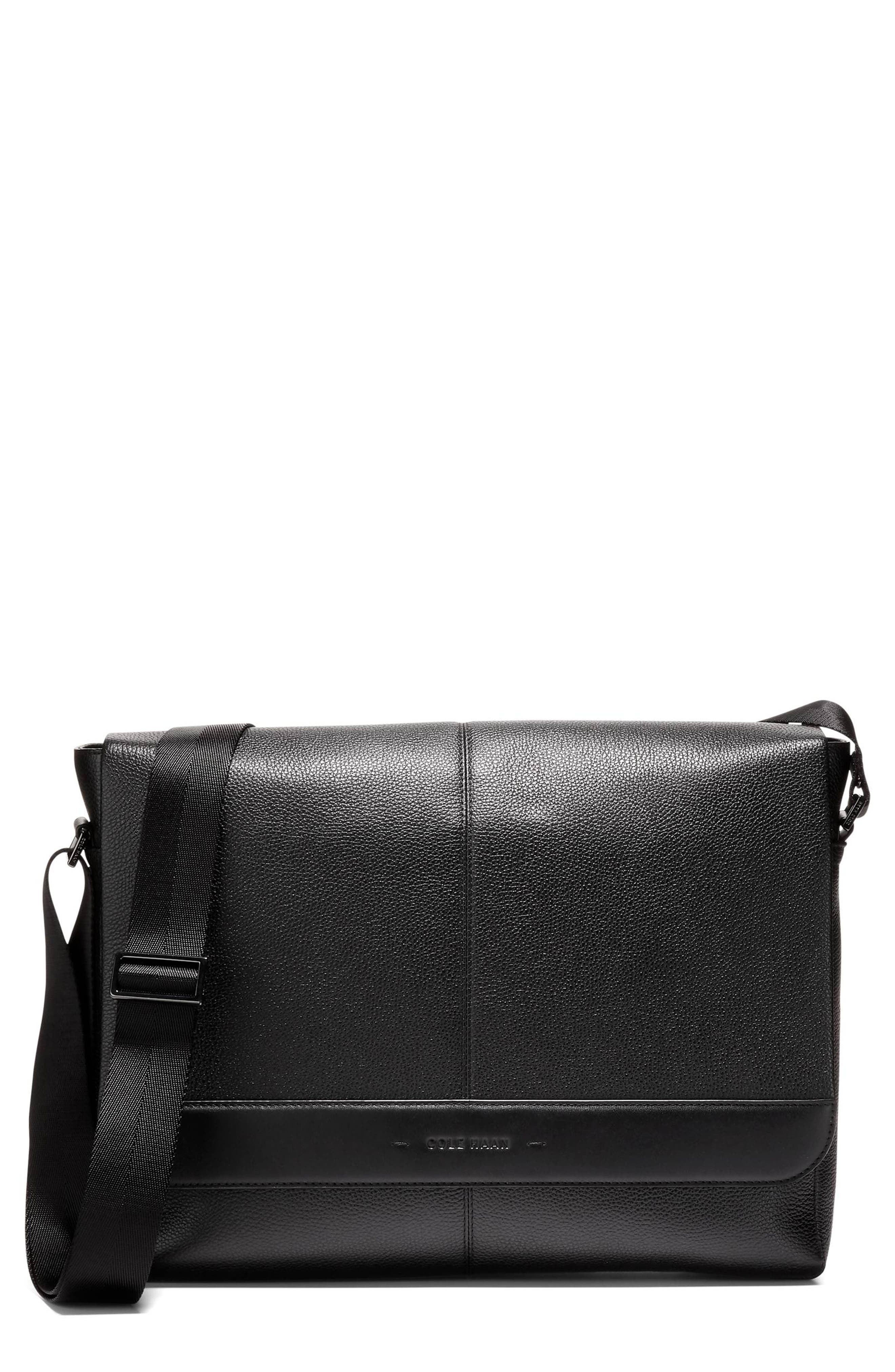 Cole Haan Triboro Leather Messenger Bag, Main, color, Black