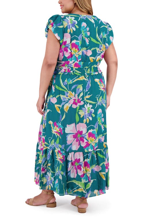 London Times Floral V-neck Elastic Waist Maxi Dress In Teal/pink