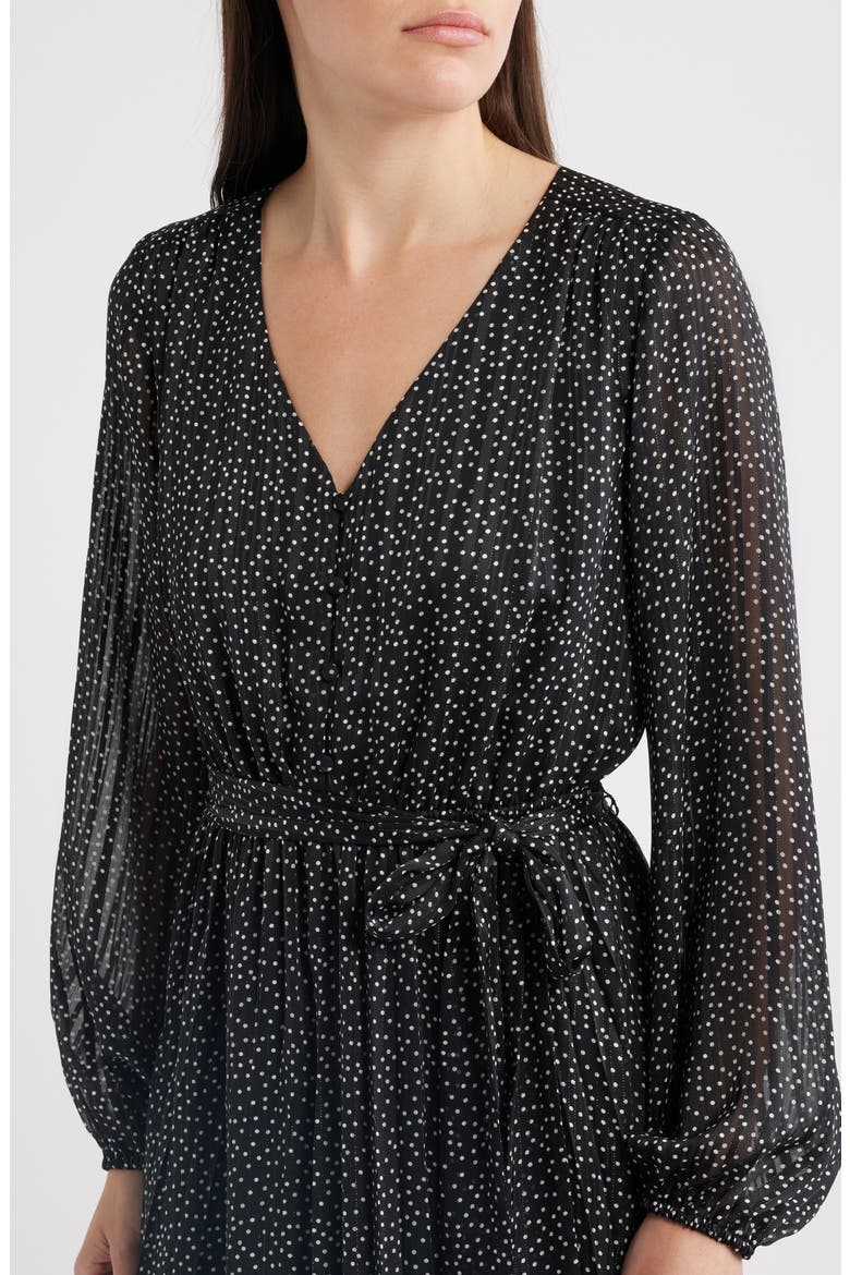 Polka Dot Metallic Thread Long Sleeve Pleated Dress, Alternate, color, BLACK