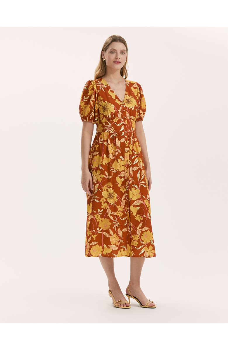 Finery London Addison Floral Crepe Midi Dress, Main, color, Brown Floral