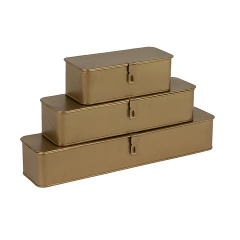 Long Decorative Metal Boxes with Lid, Gold, Set of 3