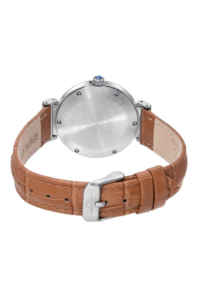 Dahlia Leather Strap Watch, 34mm, Alternate, color, SILVER-COGNAC
