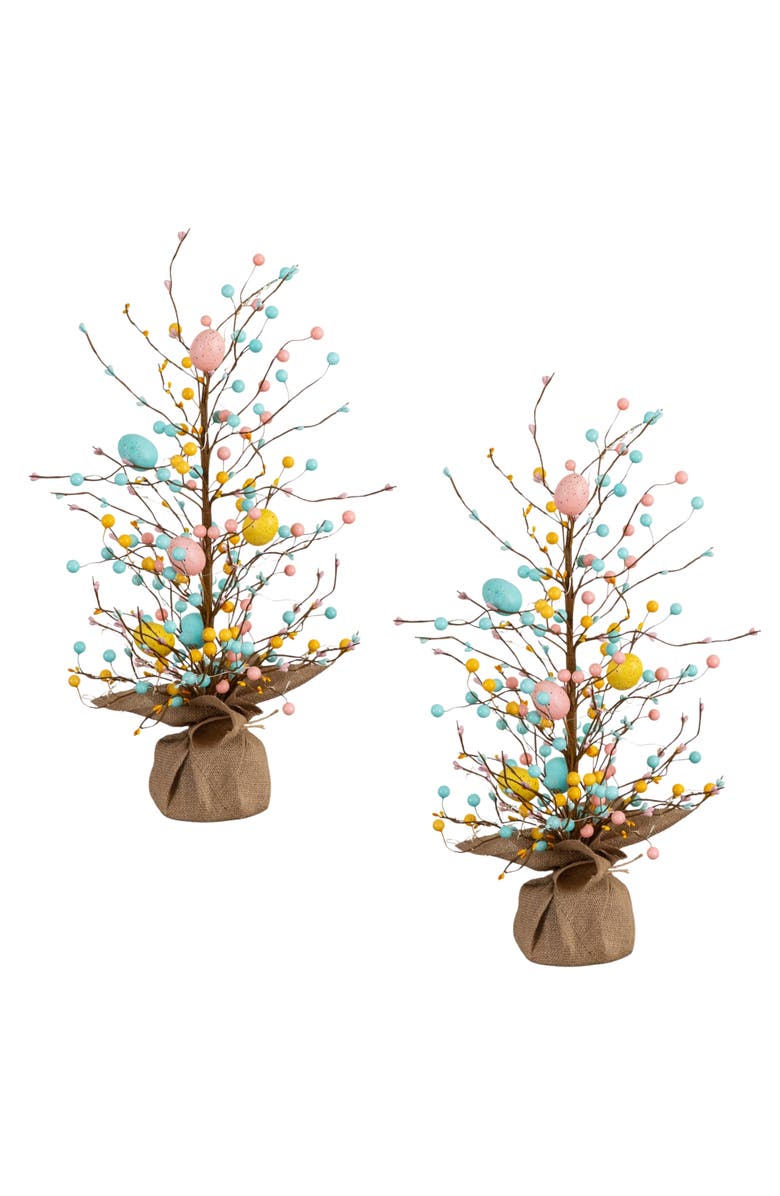 NEARLY NATURAL 24-in Pre-Lit Artificial Easter Egg Twig Tree with 30 LED Lights in Burlap Wrapped Base - Set of 2, Main, color, Brown