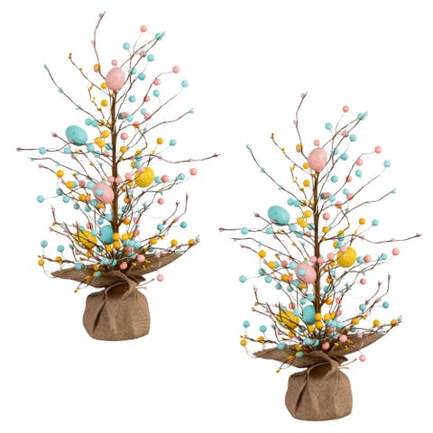 24-in Pre-Lit Artificial Easter Egg Twig Tree with 30 LED Lights in Burlap Wrapped Base - Set of 2