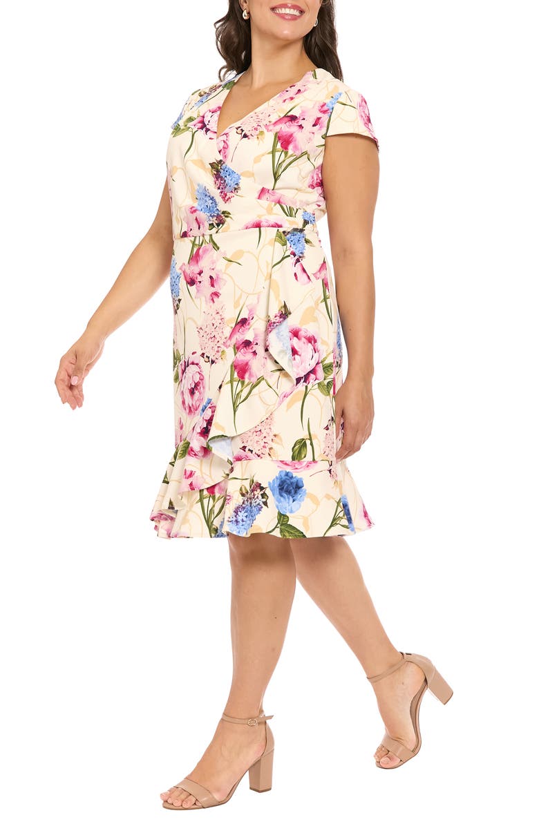 London Times Flounce Ruffle Print Dress, Alternate, color, Ivory/ Pink