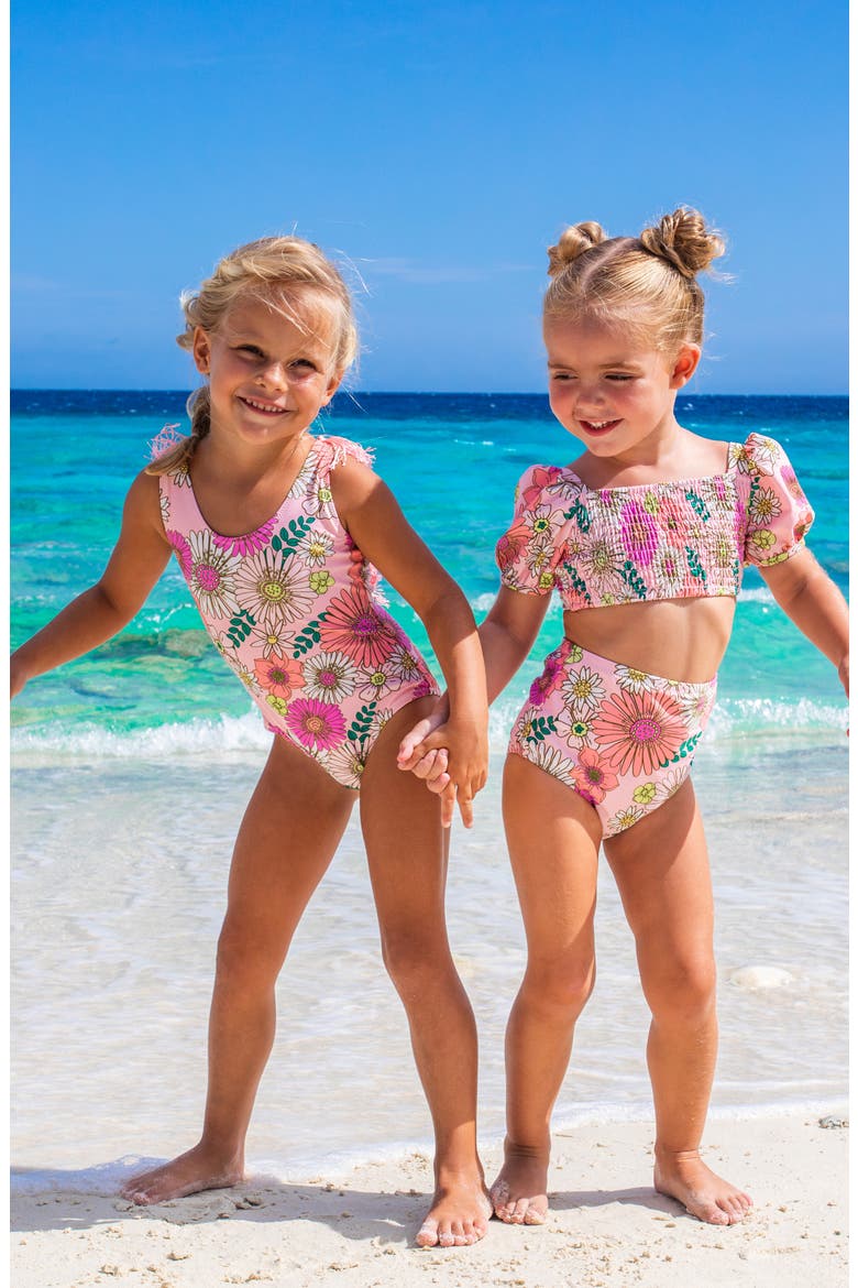 Kids' Retro Blossom Fringe Back One-Piece Swimsuit, Alternate, color, PINK