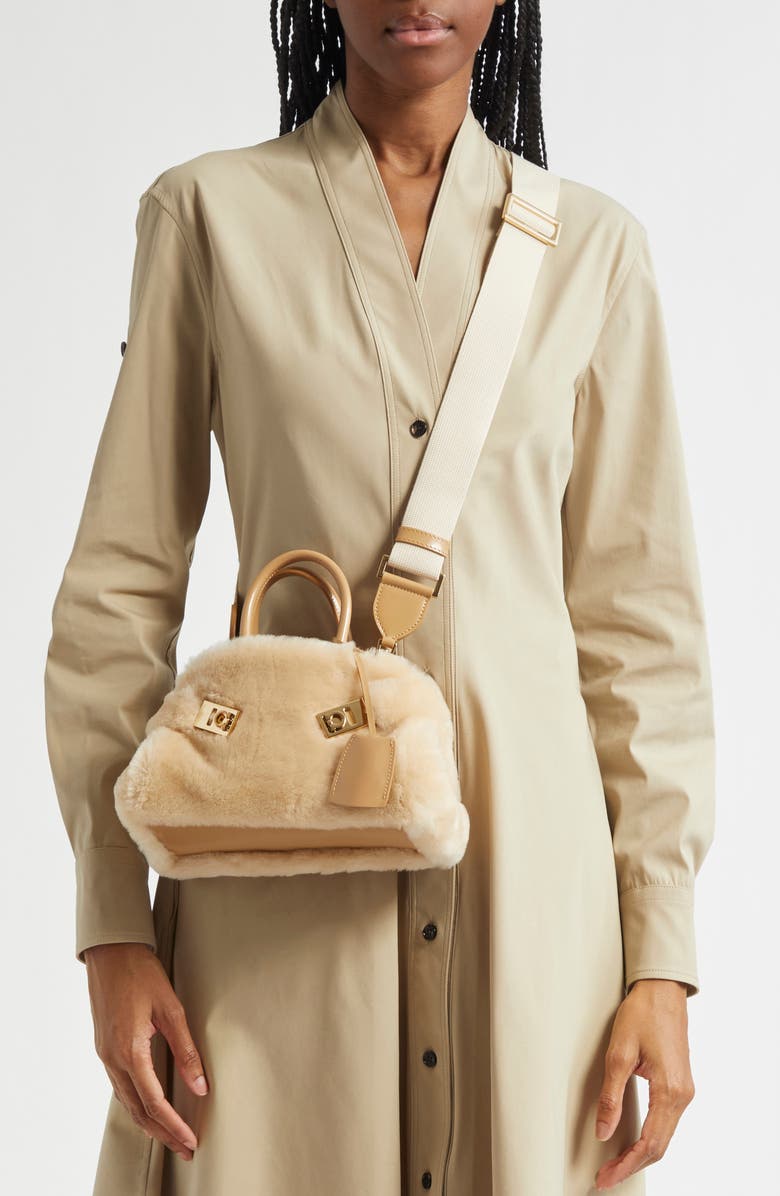 FERRAGAMO Mini Hug Genuine Shearling Top Handle Bag, Alternate, color, Naturale/ Camel