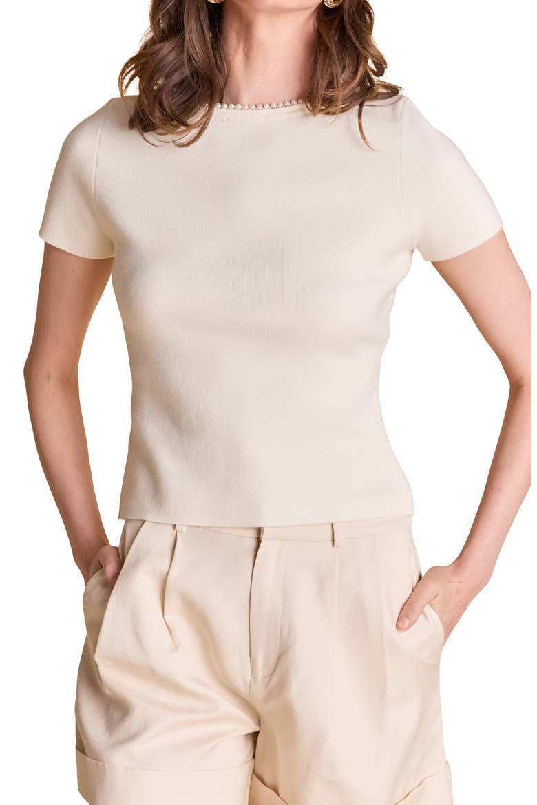 Faux Pearl Trim Rib T-Shirt, Alternate, color, CREAM