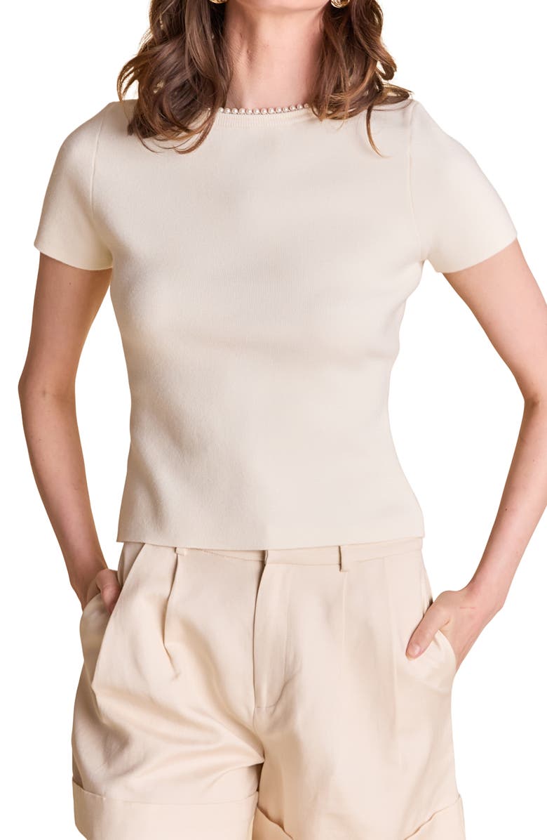 Endless Rose Faux Pearl Trim Rib T-Shirt, Alternate, color, Cream