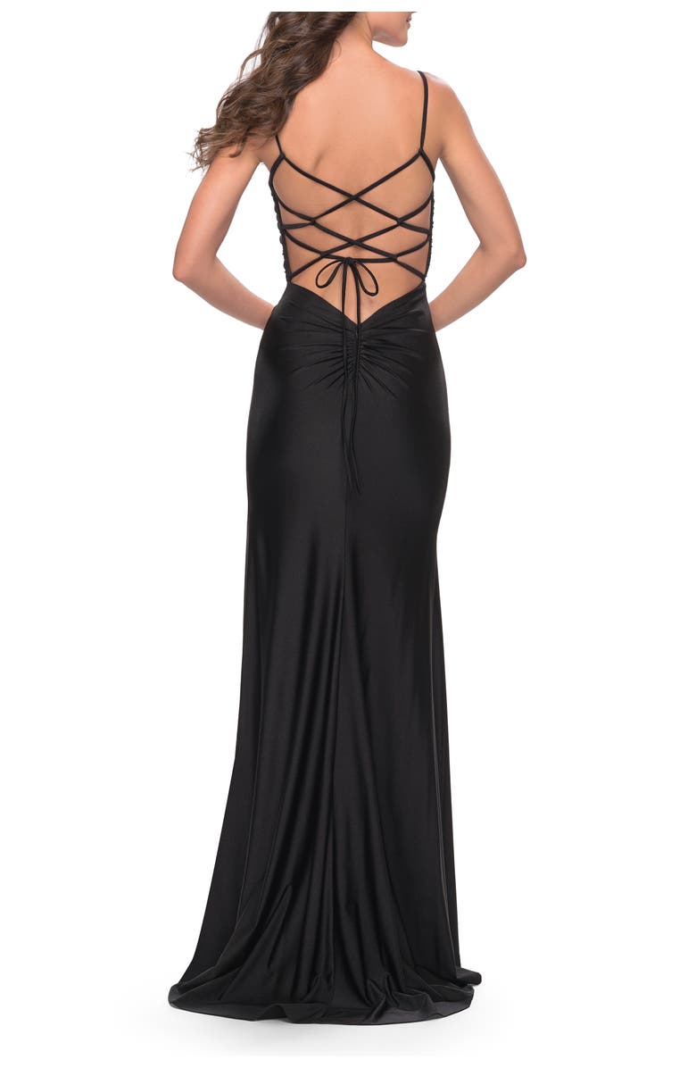 La Femme Cut Out Jersey Dress with High Slit, Alternate, color, Black