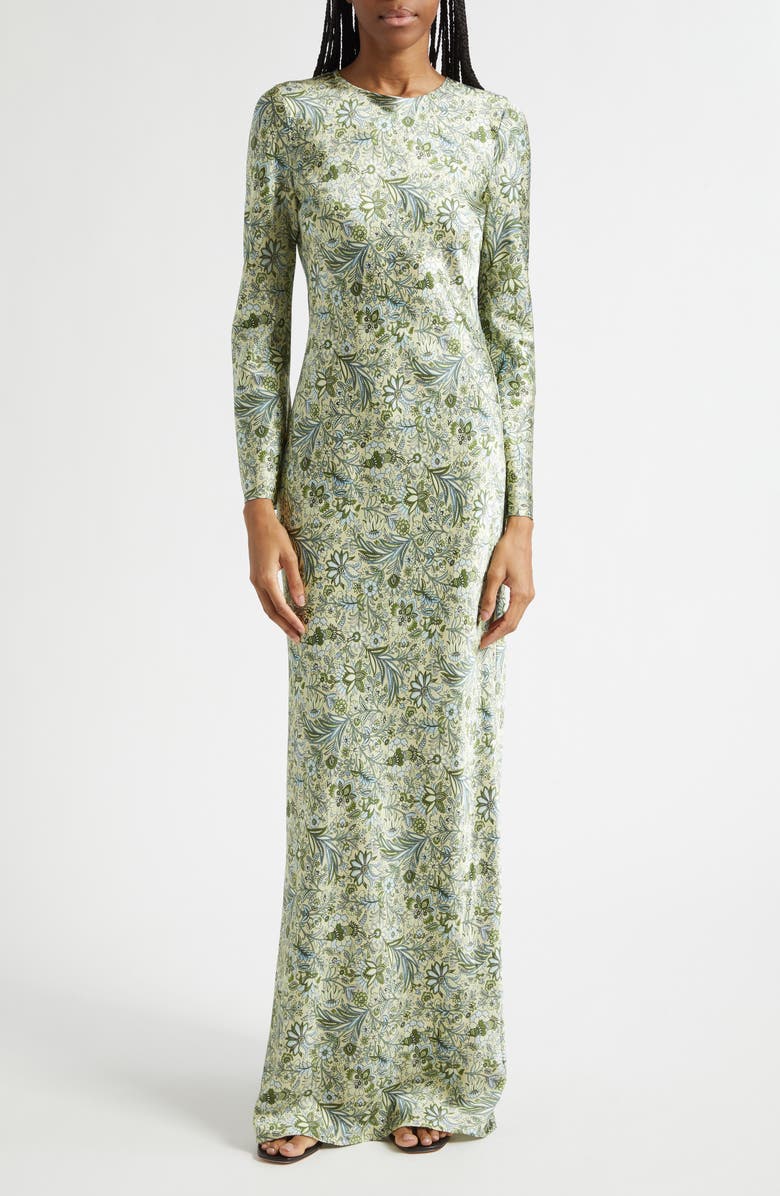 Veronica Beard Gemma Paisley Floral Long Sleeve Satin Maxi Dress, Main, color, Light Pistachio Multi