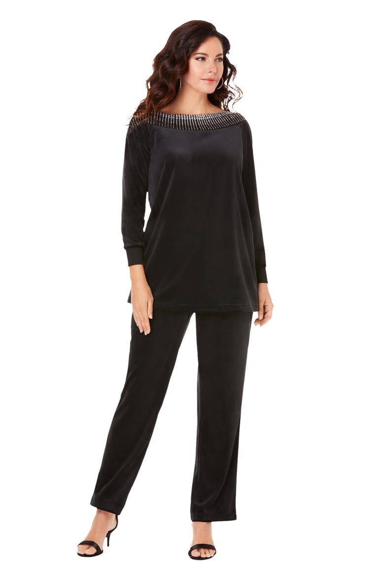 Rhinestone Detailed Velour Set, Main, color, BLACK
