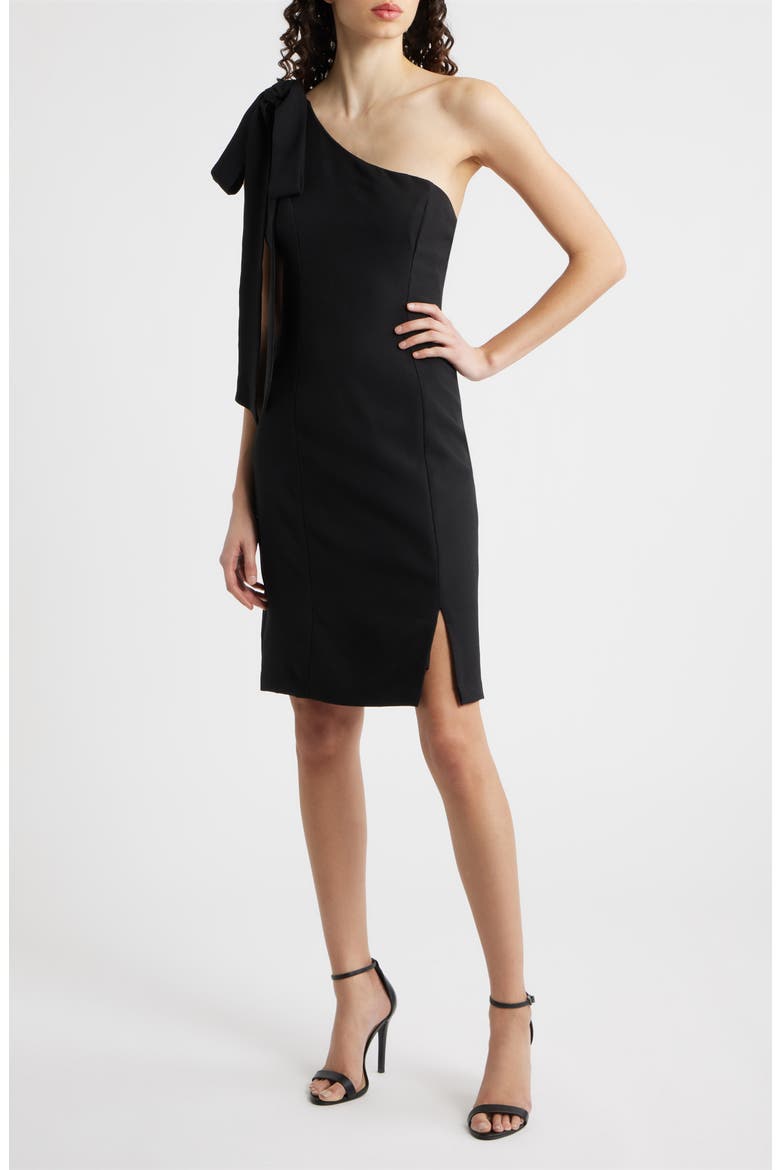 Bow One-Shoulder Cocktail Dress, Main, color, BLACK