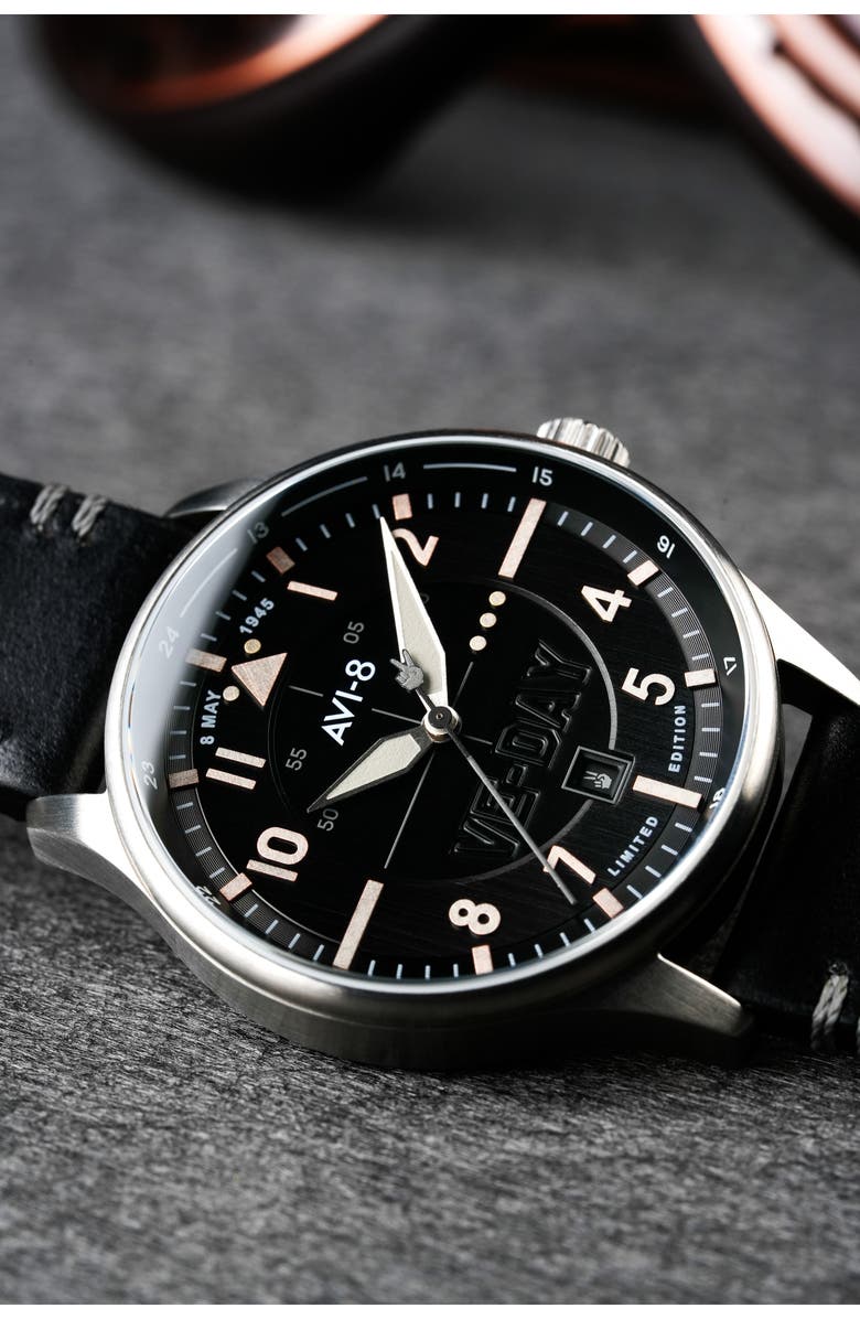 AVI-8 Hawker Hurricane Kent Leather Strap Watch, 43mm, Alternate, color, Black