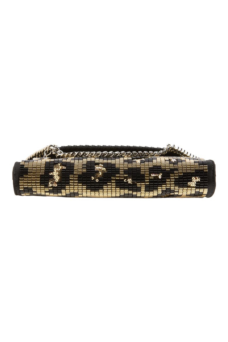 Falabella Beaded Leopard Wallet on a Chain, Alternate, color, BLACK/ GOLD