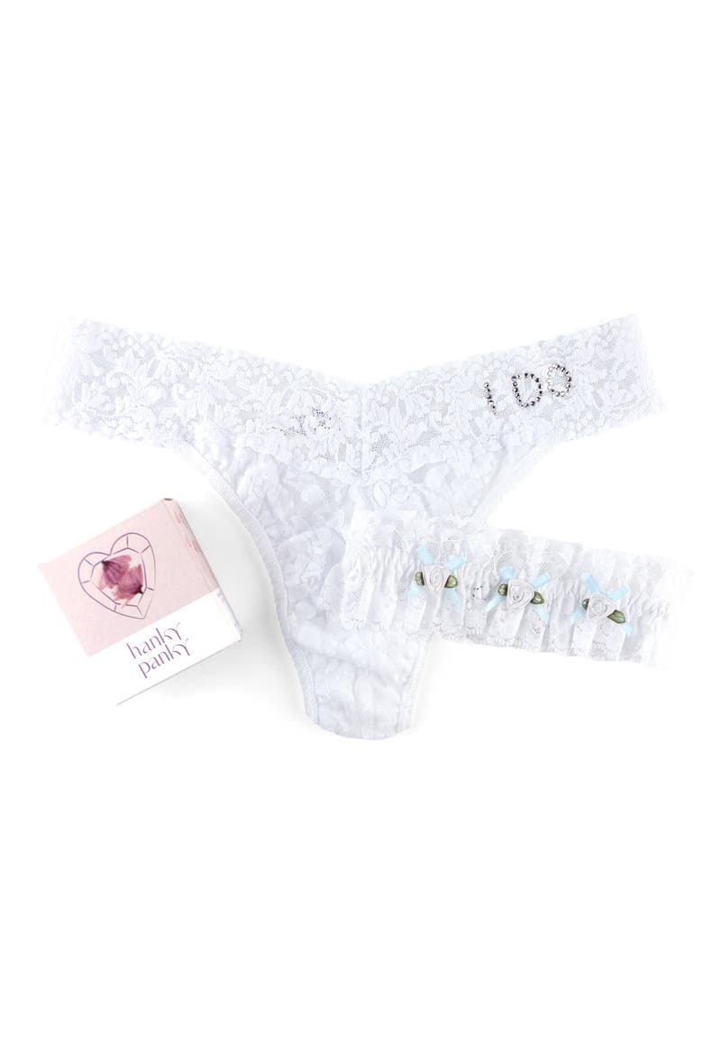 I Do Original Rise Lace Thong & Garter Set, Alternate, color, WHITE/ POWDER BLUE